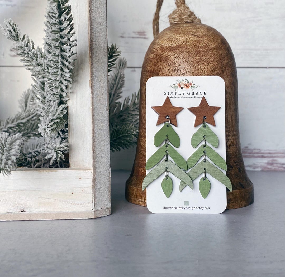 Green Wood Whimsical Christmas Tree With Wood Star Stud Earrings - Etsy