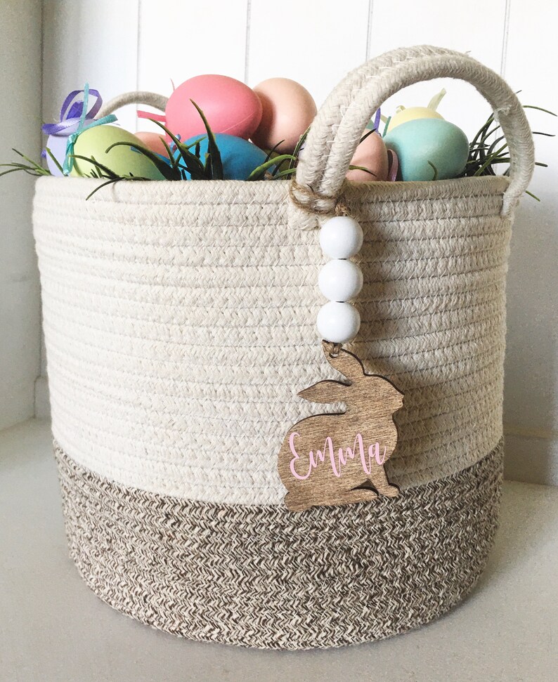 Farmhouse boho wood easter basket bunny personalized tags image 3