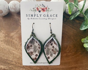 Genuine Leather boho pinched double leaf christmas olive green and pinecone earrings