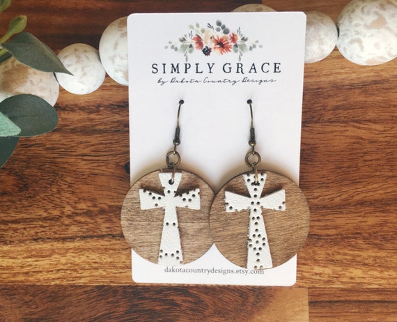 Genuine leather and wood easter cross swiss dot boho earrings teacher gift mothers day present birthday gift