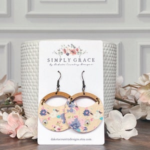 Genuine cork leather and wood floral garden half circle earrings teacher gift mothers day present birthday gift
