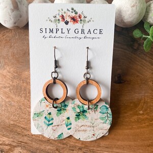 Genuine cork leather and wood boho watercolor succulent hoop earrings teacher gift mothers day present birthday gift