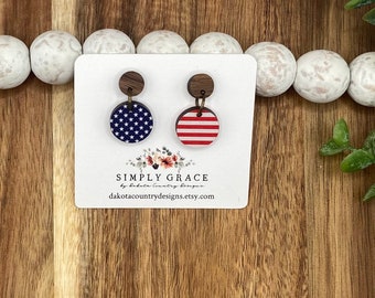 Patriotic stars and stripes wood mini circle boho stud earrings July 4 Independence Day