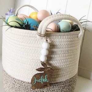 Farmhouse boho wood easter basket bunny personalized tags image 2