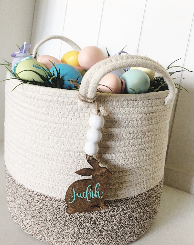 Farmhouse boho wood easter basket bunny personalized tags image 2