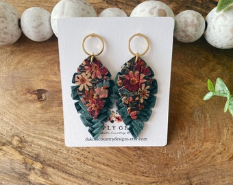 Boucles d'oreilles en plumes de bohème fleuri et turquoise en cuir véritable tressé cadeau de professeur cadeau de fête des mères