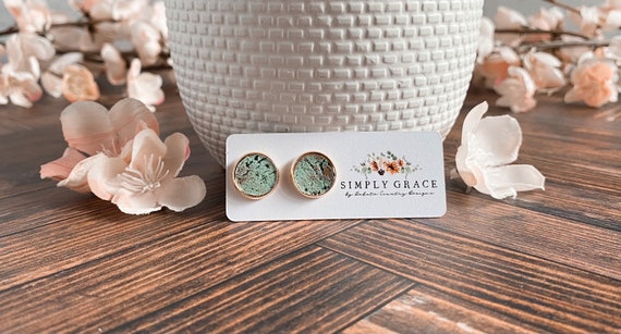 Turquoise Leather Stud Earrings: Copper Gold Lightweight Jewelry