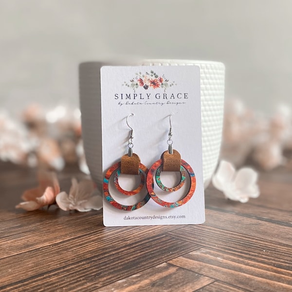 Teal and rust wood double hoop leather strap boho earrings teacher gift mothers day present