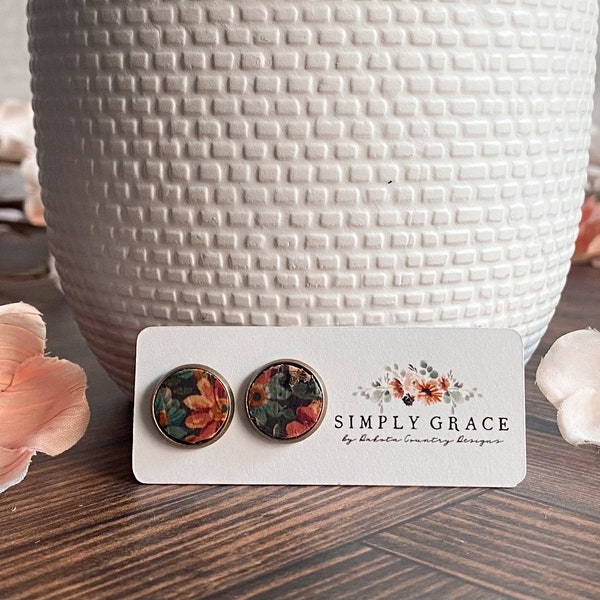 Genuine floral leather bronze stud earrings teacher gift mothers day present