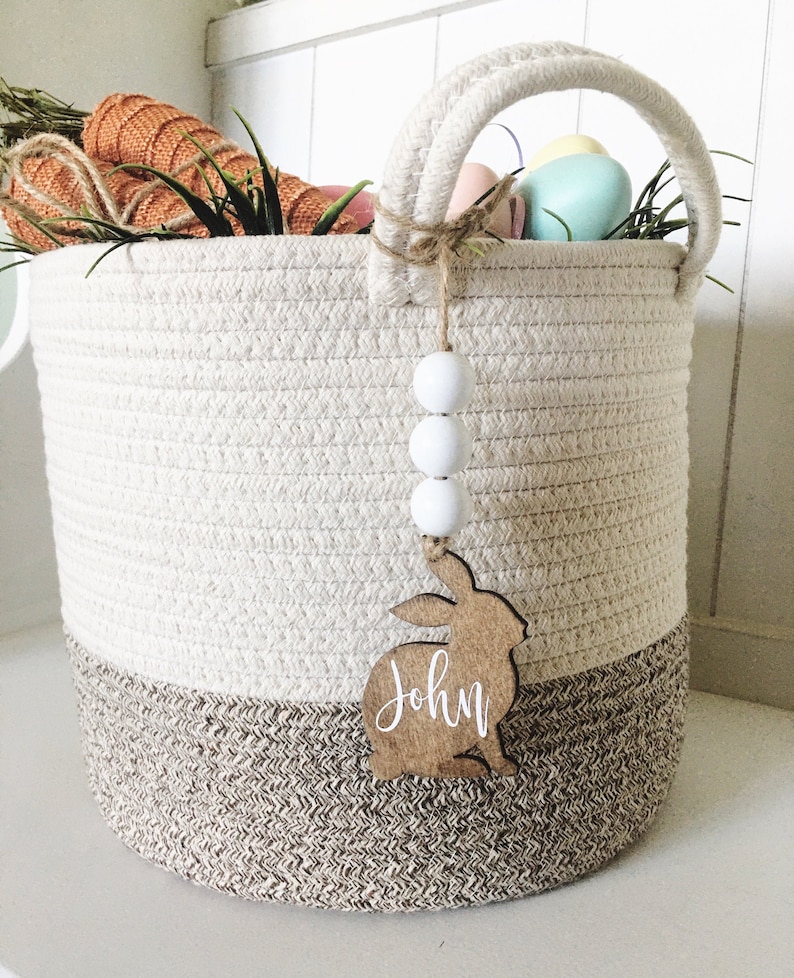 Farmhouse boho wood easter basket bunny personalized tags image 1