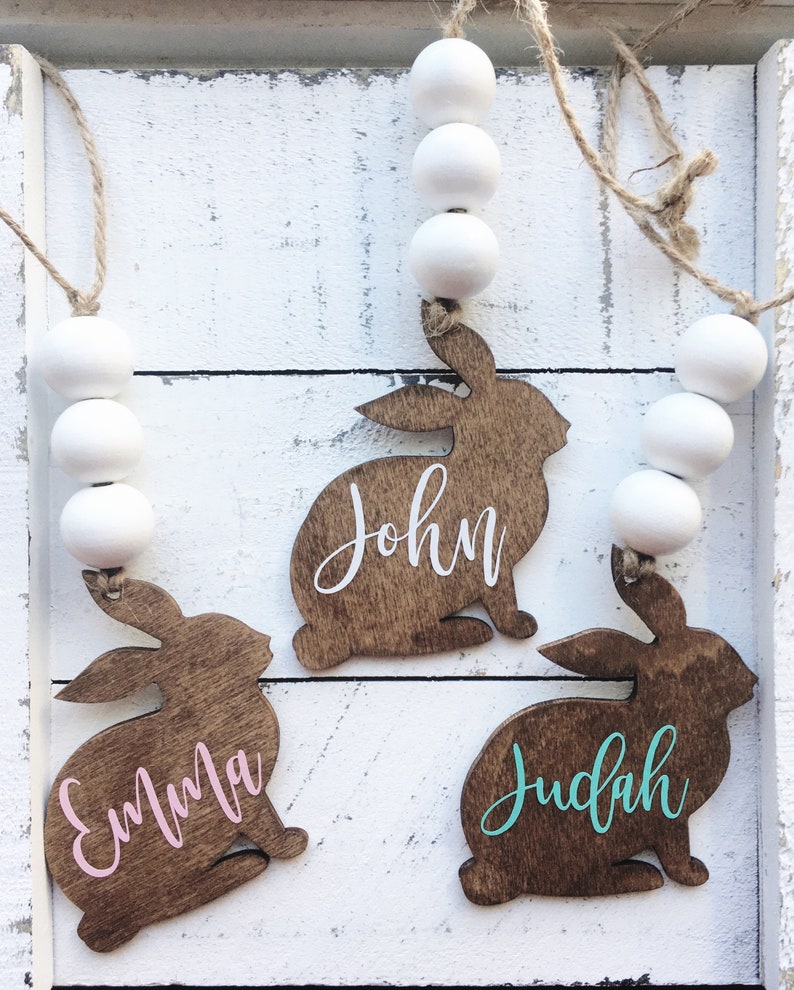 Farmhouse boho wood easter basket bunny personalized tags image 4