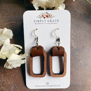 Wood rectangle with leather strap boho earrings teacher gift mothers day present birthday gift