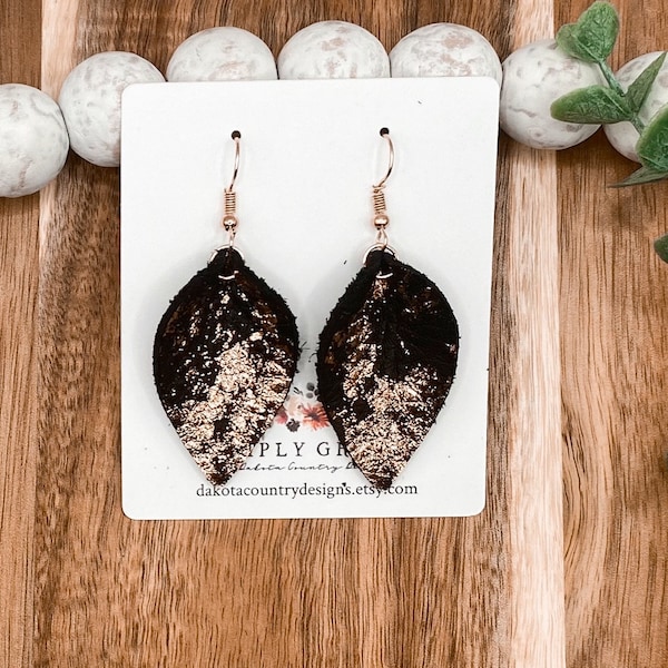 Rose gold and black shimmery genuine leather mini pinched leaf petal earrings teacher gift mothers day present