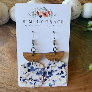 Genuine cork leather and wood white and blue fall autumn rounded geometric boho stud earrings birthday gift