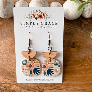 Genuine cork leather and wood spring peony rounded square boho earrings teacher gift mothers day present birthday gift