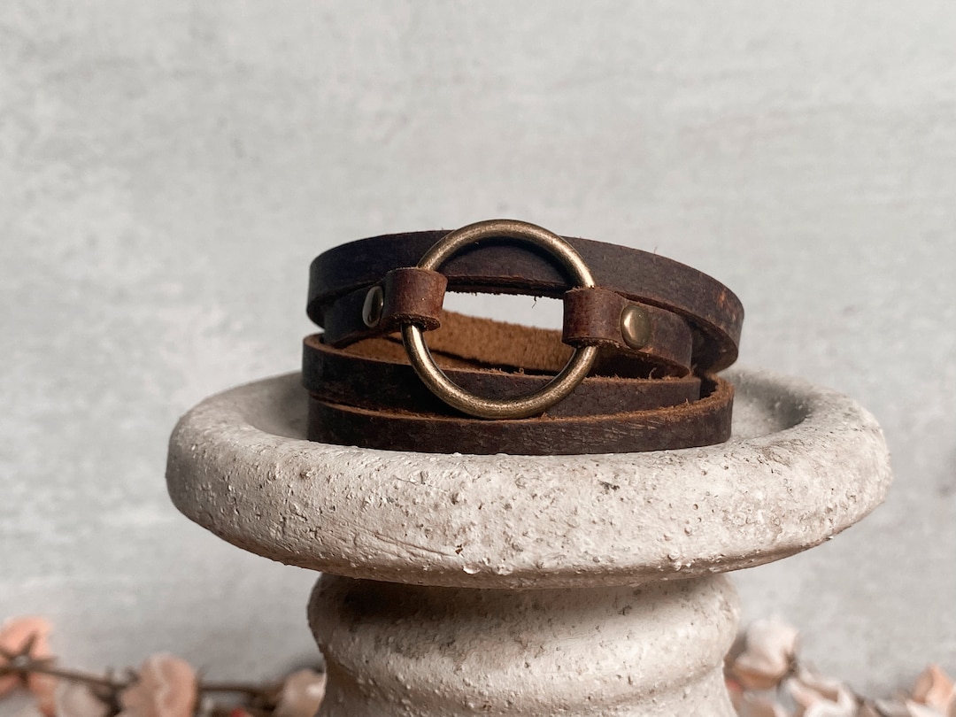 Genuine Thin Leather Strap & O Ring Wrap Bracelet Boho Style Modern