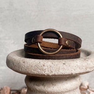 Genuine thin leather strap & o ring wrap bracelet boho style modern minimalist christmas gift teacher appreciation mothers day present