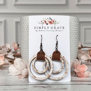 White and bronze wood double hoop leather strap boho earrings teacher gift mothers day present birthday gift