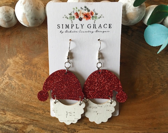 Christmas glitter red and white Santa genuine cork leather boho earrings