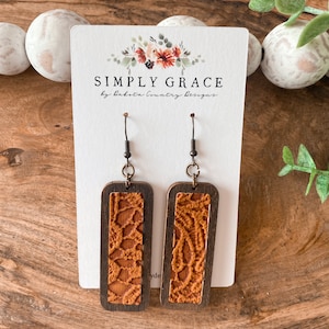 Burnt Orange lace leather and wood bar boho earrings teacher gift mothers day present birthday gift