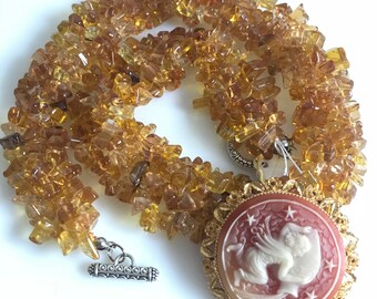 VINTAGE CETRINE NECKLACE / yellow, gemstones , cameo