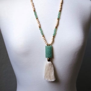 Green Stone Tassel Necklace/ Jade Bead and Wood Necklace