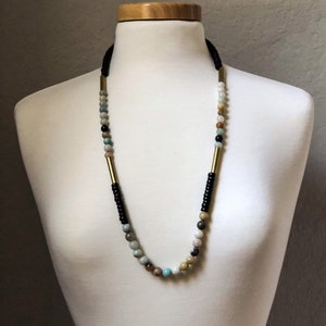 Long Beaded  Stone  Necklace/ Stone and Wood  Necklace / Natural Stone  Long  Necklace