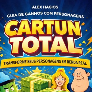 Op de afbeelding: Illustratie van een boekomslag getiteld "CARTUN TOTAL" met de ondertitel "GUIDE VOOR INKOMSTEN MET PERSONAGES". De afbeelding toont stapels geld, stripfiguren en gouden munten, wat financieel succes suggereert.