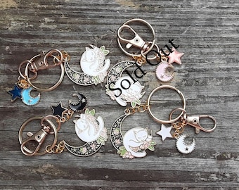 Schlüsselanhänger, Himmlische Katze, schlafende Katze auf Mond mit Sternanhänger