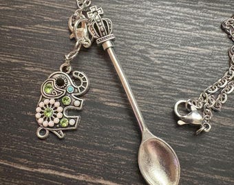 Mini Silver Spoon Necklace, Elephant Charm Boho Witchy Jewelry