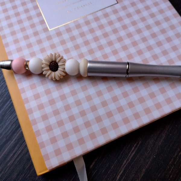 Daisy Flower Bling Writing Pen with Black Ink, Silver pen with Silicone Daisy Flower & Beads, Journal writing pen, Guest book Pen