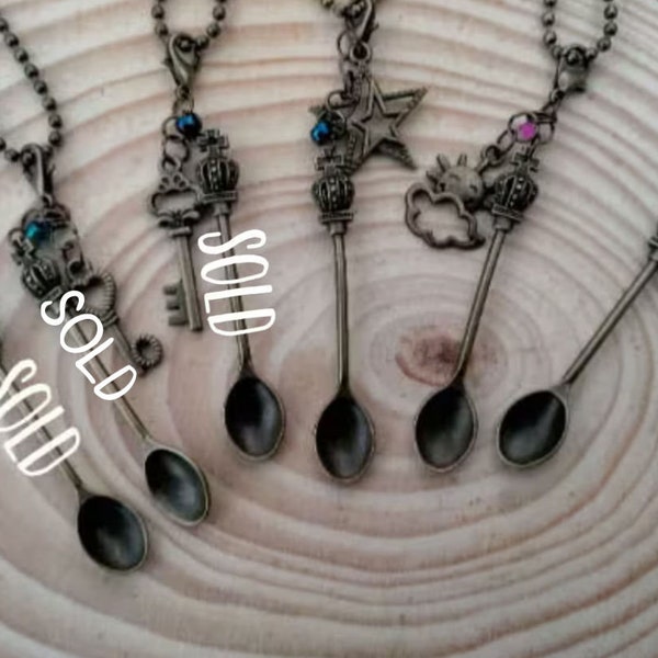 Gothic Bronze Tiny Spoon Necklace with Charm, Witchy Boho Jewelry, Gift for the Eclectic Witch, Ritual tea spices incense