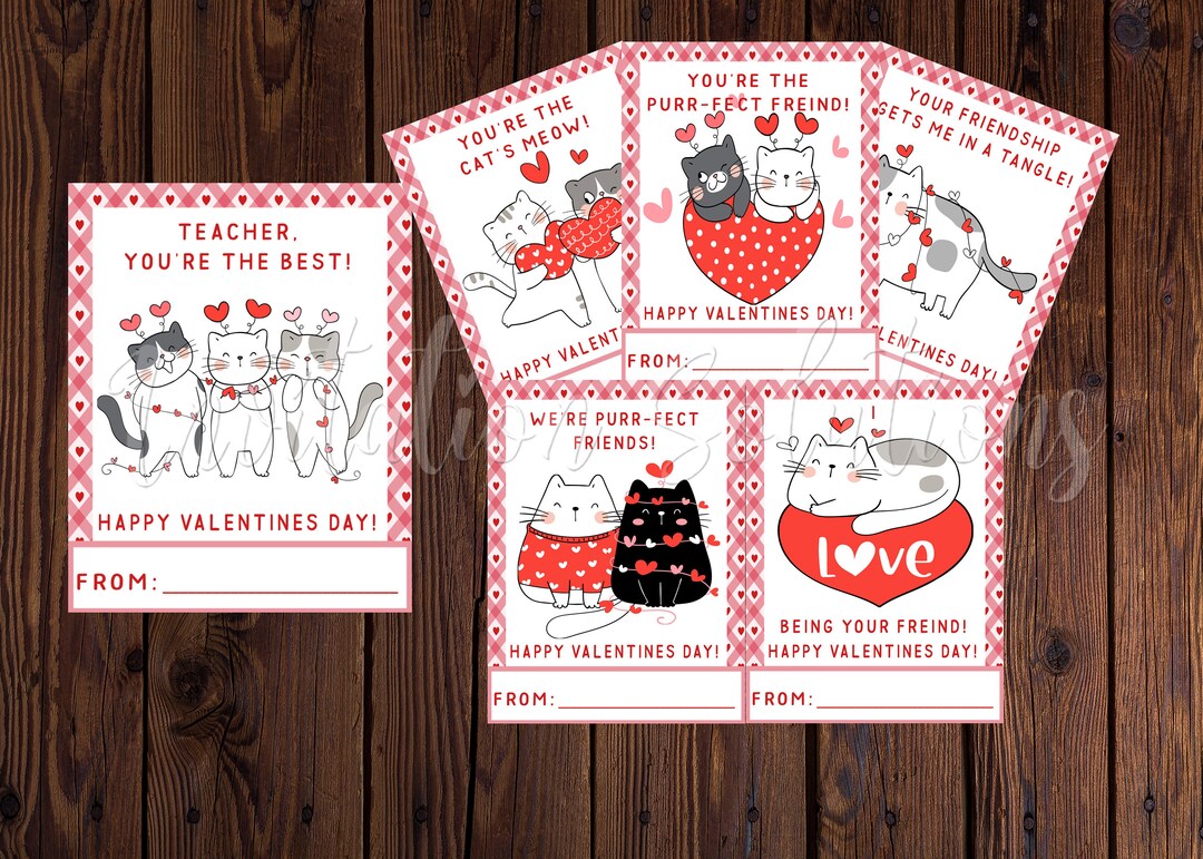 Valentine Cards Featuring Adorable Cats/ Childrens School Valentine ...