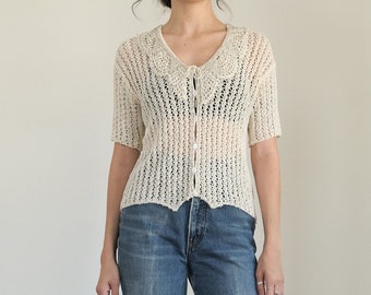 camicetta vintage in maglia con perline DKNY – cardigan a maniche corte in lino a trama larga anni '90 (piccola)