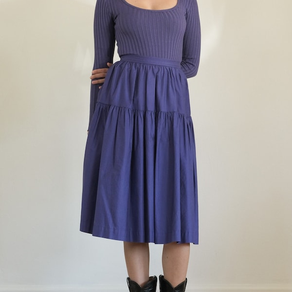 saint laurent cotton prairie skirt - 70s vintage rare ysl rive gauche purple tiered french peasant knee length midi skirt (xs)