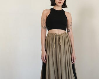 vintage Issey Miyake linen skirt - 70s tan black japanese avant-garde drawstring midi (s-l)