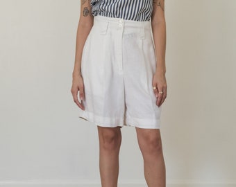 dkny linen trouser shorts - 90s vintage white bermuda high waisted pleated shorts (small)
