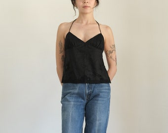 laundry linen backless halter - 90s 00s y2k vintage black linen lace tie back backless cropped handkerchief halter top (xs - s)