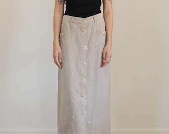 esprit linen skirt - 90s 00s y2k vintage oatmeal tan linen button down midi maxi skirt (s - m)