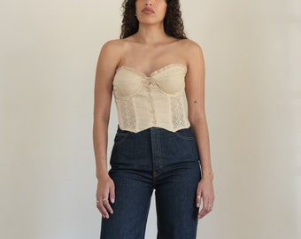 dkny linen bustier - 90s vintage tan linen lace button down strapless corset crop top bustier (large)