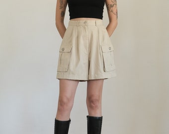 dkny cargo shorts - 90s vintage dkny donna karan khaki cotton high waist cuffed trouser cargo shorts (xs - s)