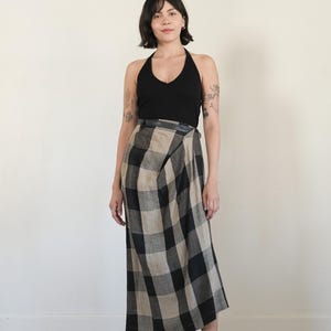 issey miyake buffalo plaid skirt - 80s vintage issey miyake black tan checker linen belted architectural leather belt midi skirt (xs - s)