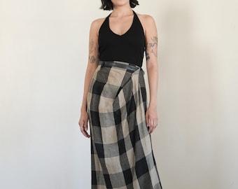vintage Issey Miyake plaid linen skirt – 80s avant-garde with leather belt (xs-s)