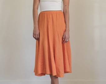 linen godet pleat midi skirt - 90s y2k orange linen elastic waist linen pleated midi skirt (s - m)