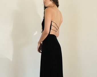 shelli segal strapless gown - 90s 00s vintage black velvet laundry by shelli segal open strappy back long formal dress (medium)