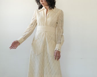 amelia gray lace shirtdress - 60s vintage claudia ransom off white ivory cream cotton collared half button belted dress (xs)