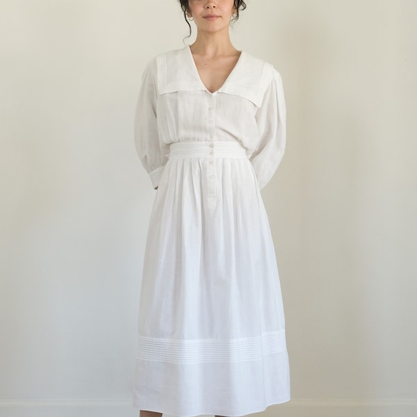 linen + cotton sailor collar midi dress - 80s 90s vintage white eileen west oversized collar button down midi dress (xs)