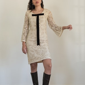 lace + velvet bell sleeve mini dress - 60s 70s vintage cream cotton lace brown velvet bow shift dress (s - m)