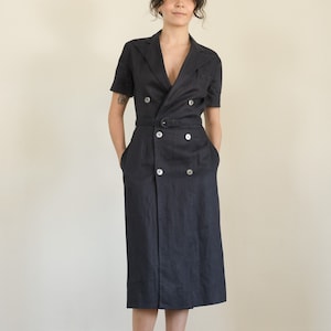 ralph lauren linen dress - 70s 80s vintage navy blue linen double-breasted belted short sleeve shirt dress pockets (xs)