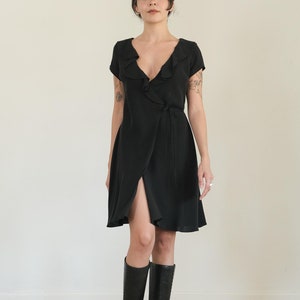 silk wrap dress - 90s 00s y2k black silk ruffle neck trim surplice wrap mini dress (xs - s)